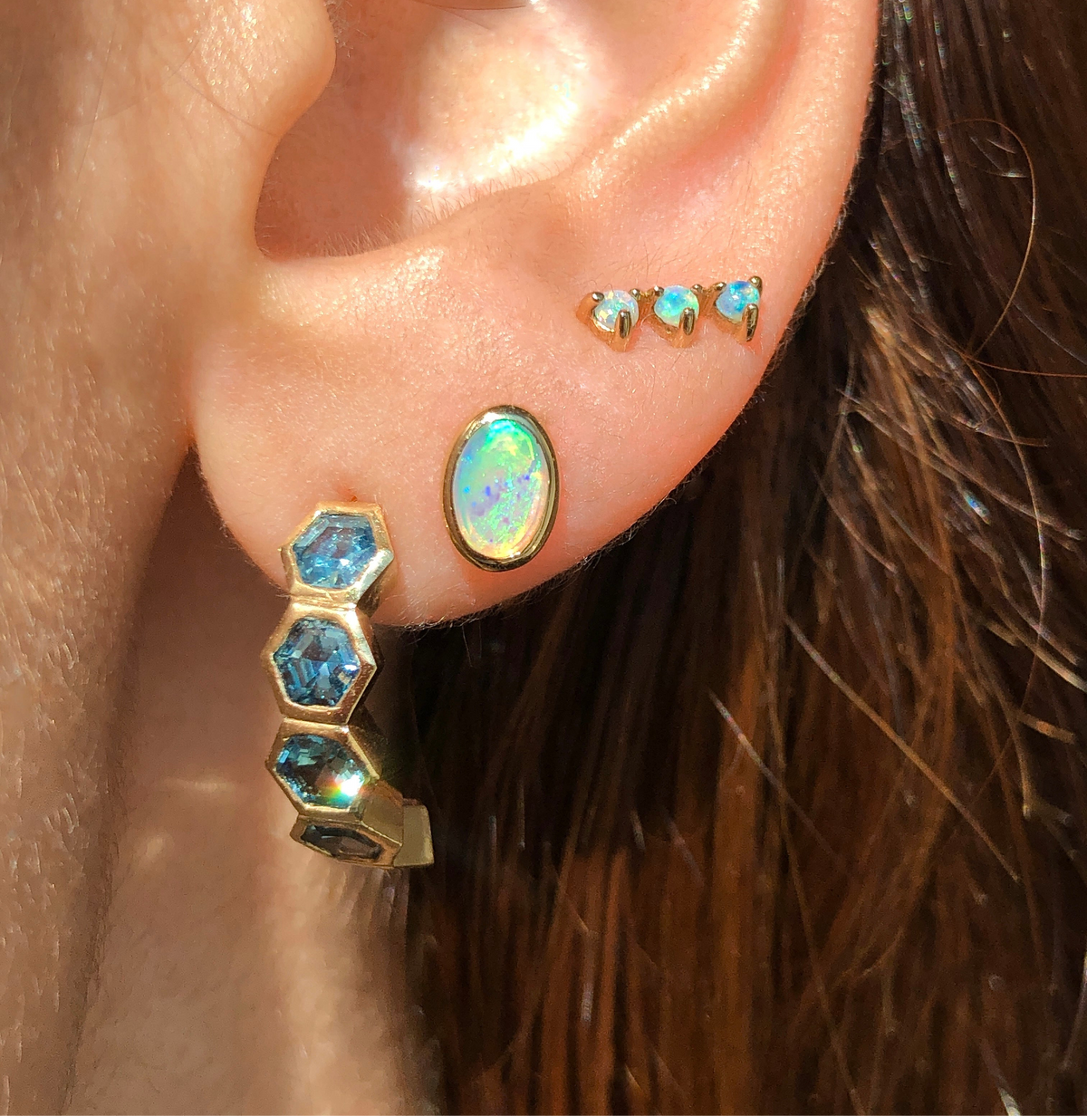 Honeycomb, Teal Sapphire Hoops