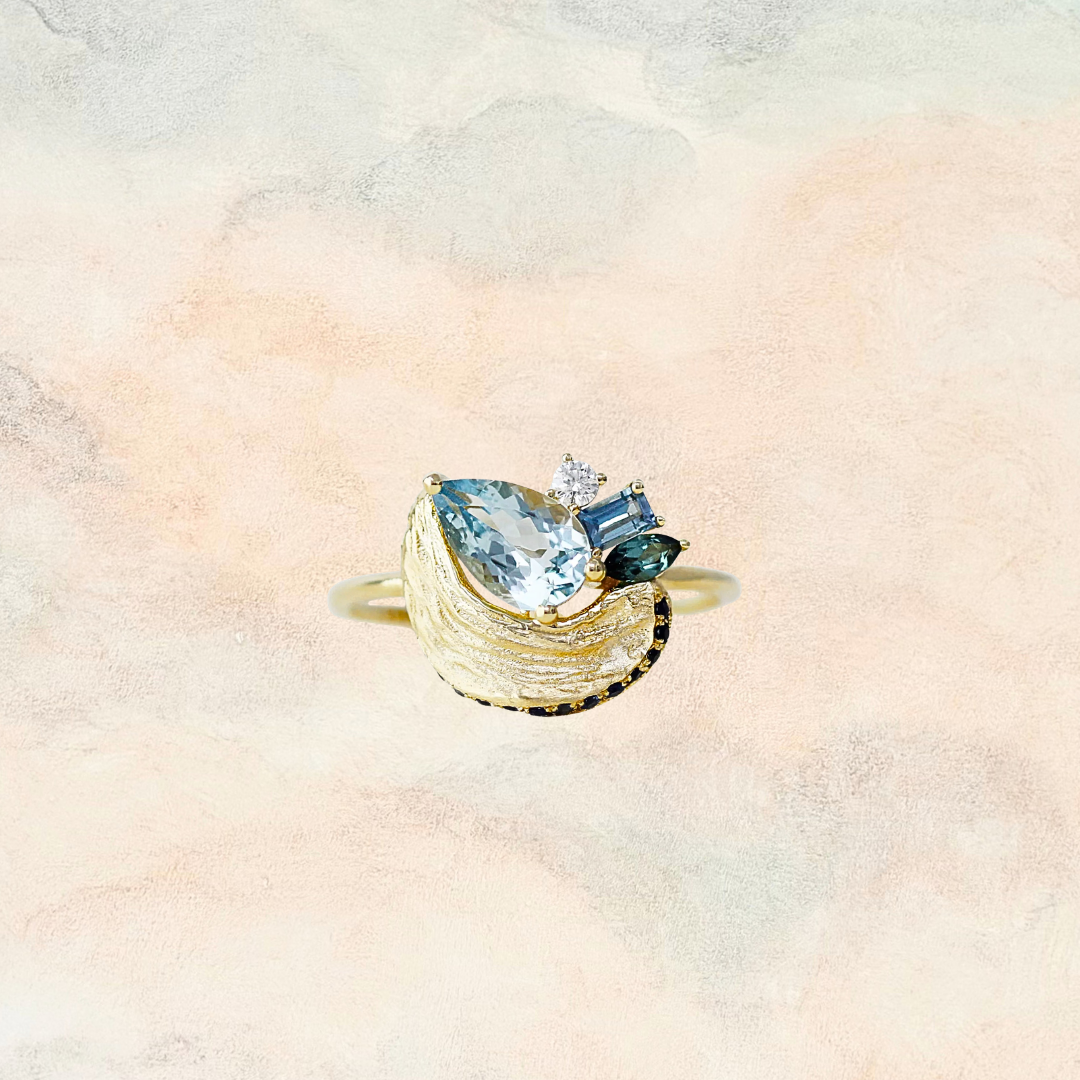 (Made to Order Only) Lagoon — Aquamarine, Topaz, Diamond and Sapphire Ring