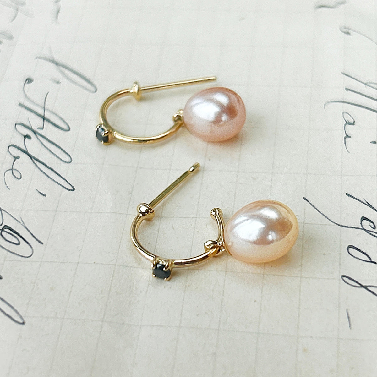 Black Diamond &amp; Blush Pearl Drop Hoops