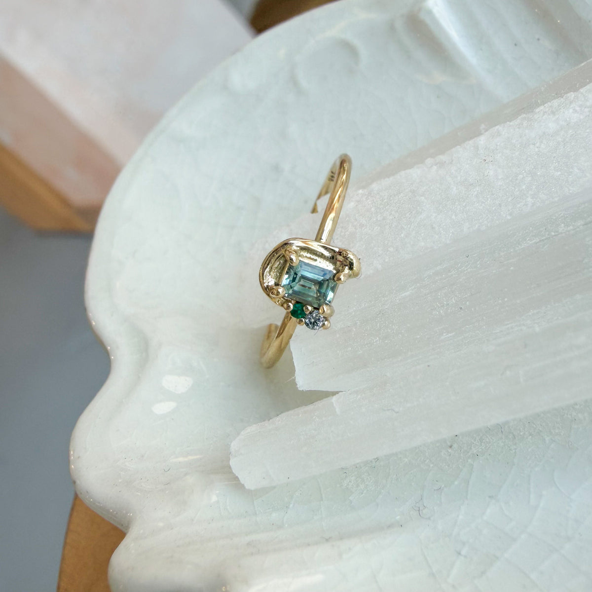 Celadon Frost, Sapphire, Diamond & Emerald Ring (size 7.5)
