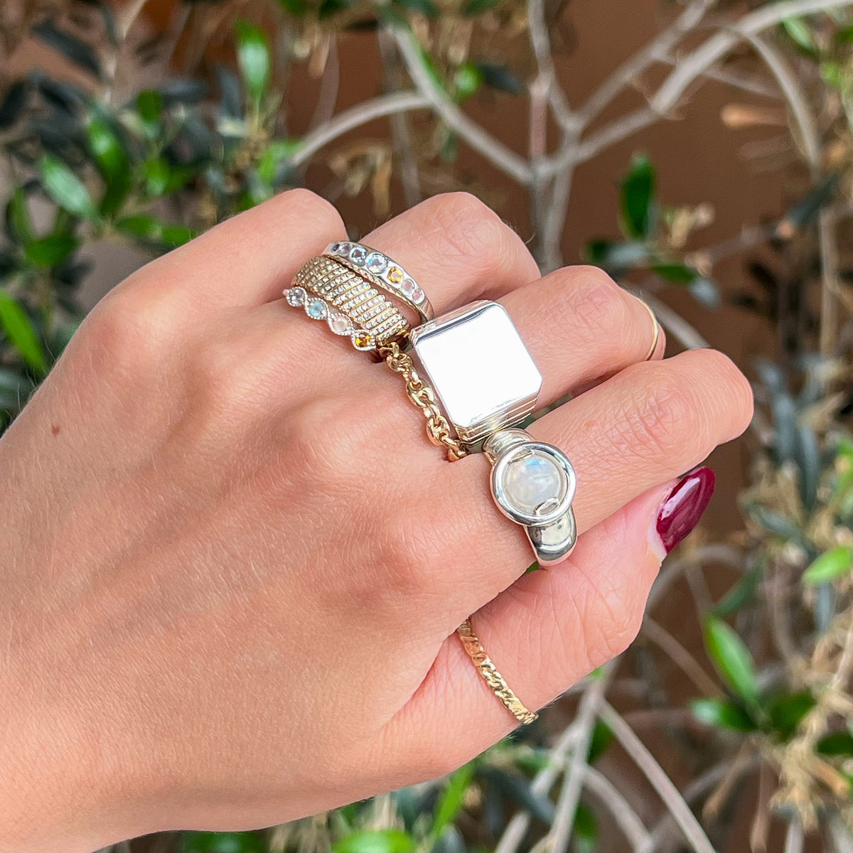 Rainbow Moonstone Elevator Button Signet