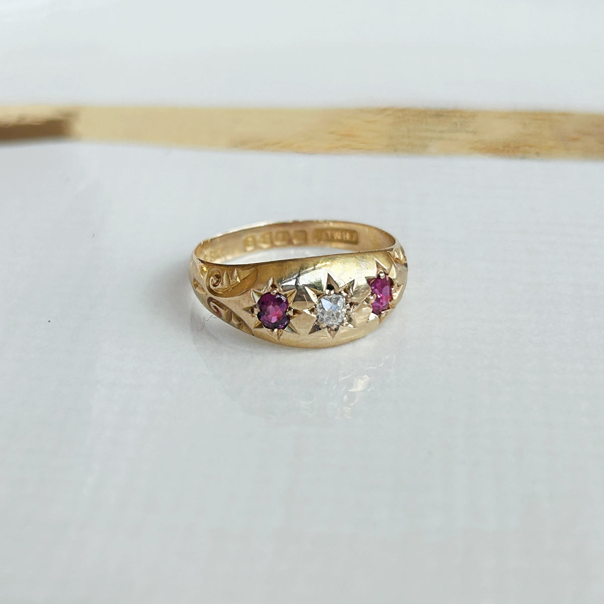 Early 1900s 18ct Gypsy Ruby &amp; Diamond Starburst Dome Ring