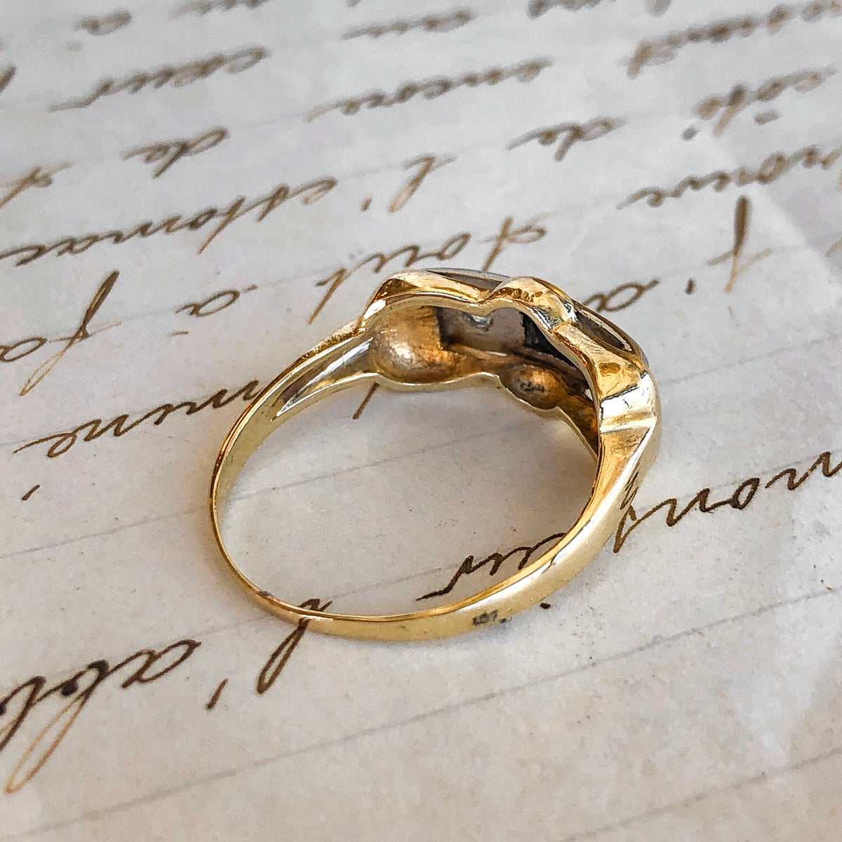 Danse de Minuit, 14k Black Onyx and Diamond Bowtie Ring, Vintage