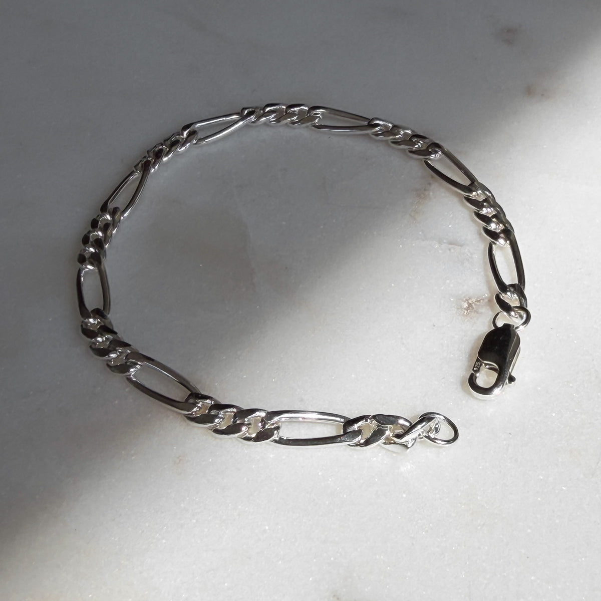 Selene, Polished Sterling Silver Figaro Bracelet