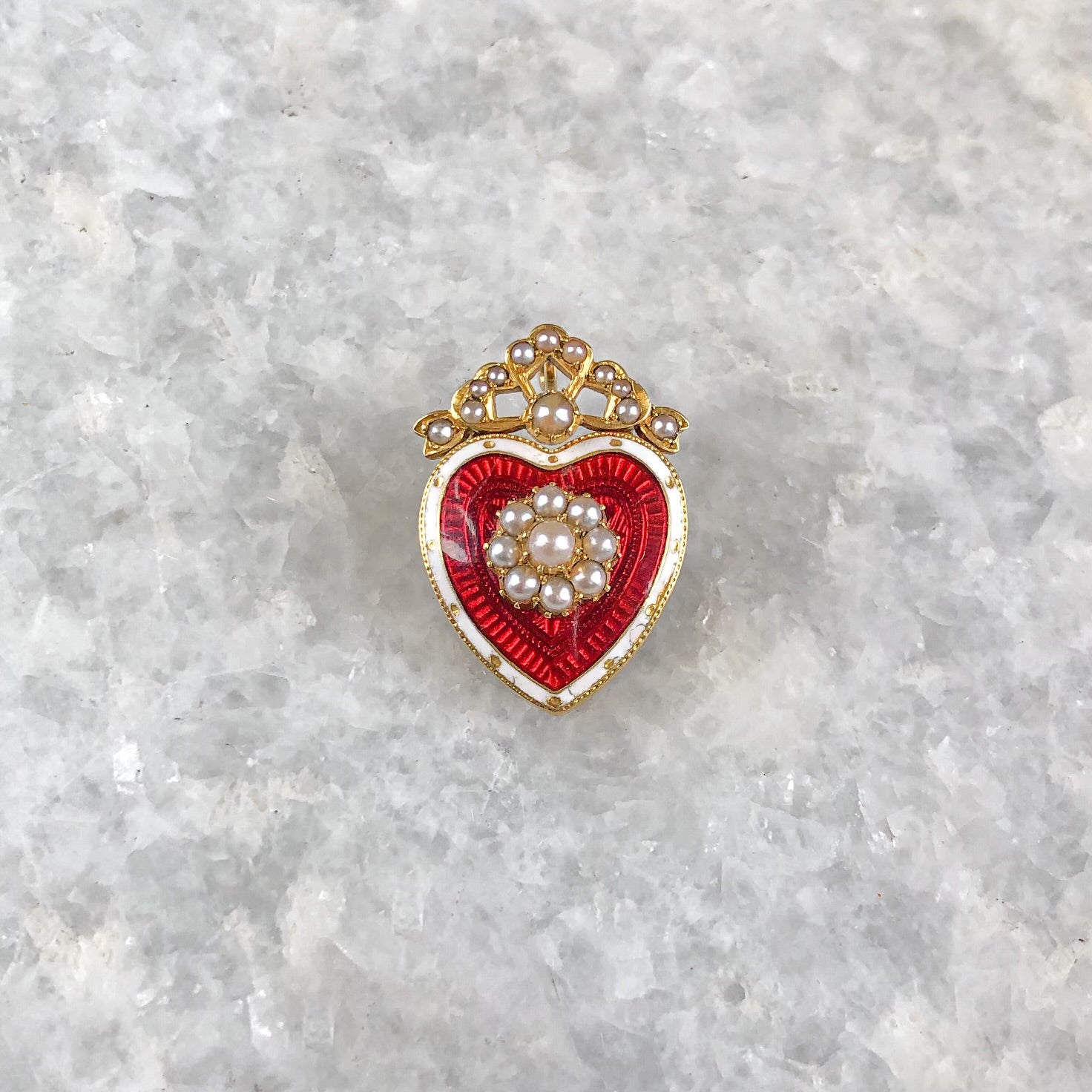 Scarlet, 18ct Antique Pearl-Enamel Heart Brooch/Pendant (FINAL
