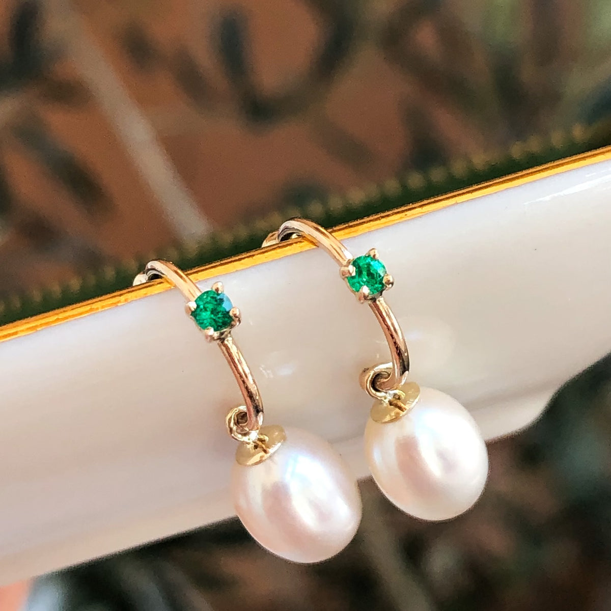 White Puff Pearl + Emerald Hoops