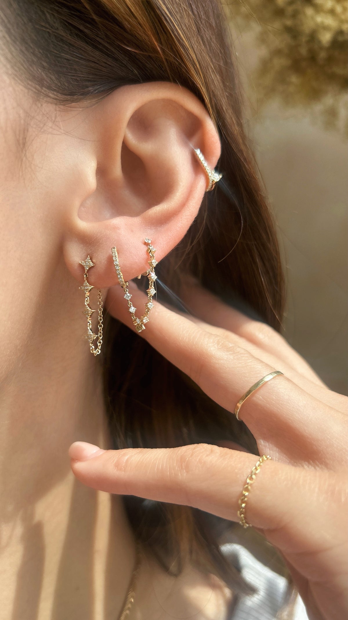 Mini Diamond Huggie &amp; Prong Set Chain Earring