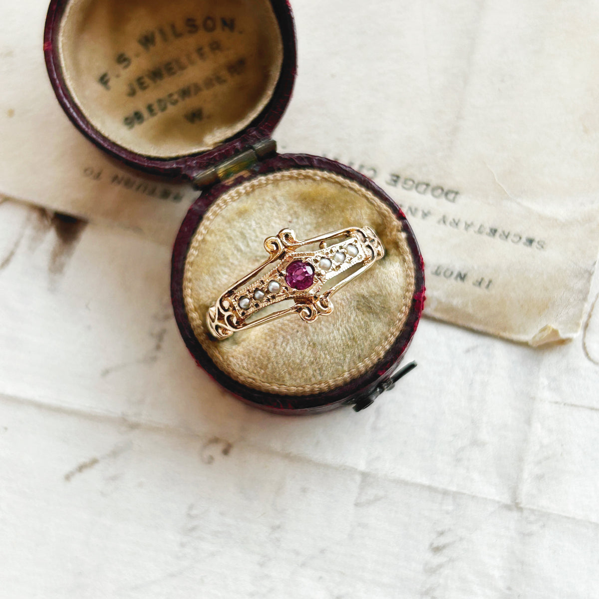 9k Victorian Scrollwork Ruby and Seed Pearl Ring