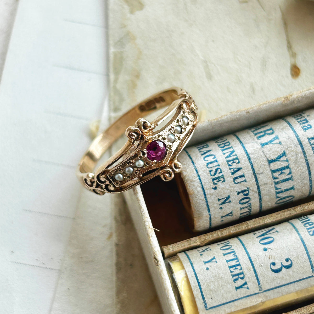 9k Victorian Scrollwork Ruby and Seed Pearl Ring