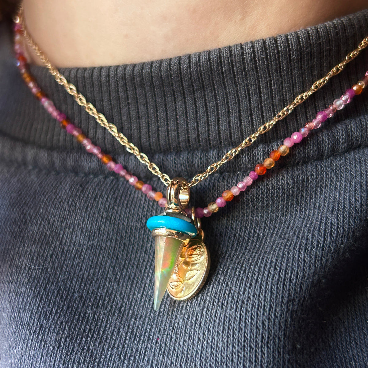 Celestine, Opal, Turquoise & Meteorite Dagger Pendant