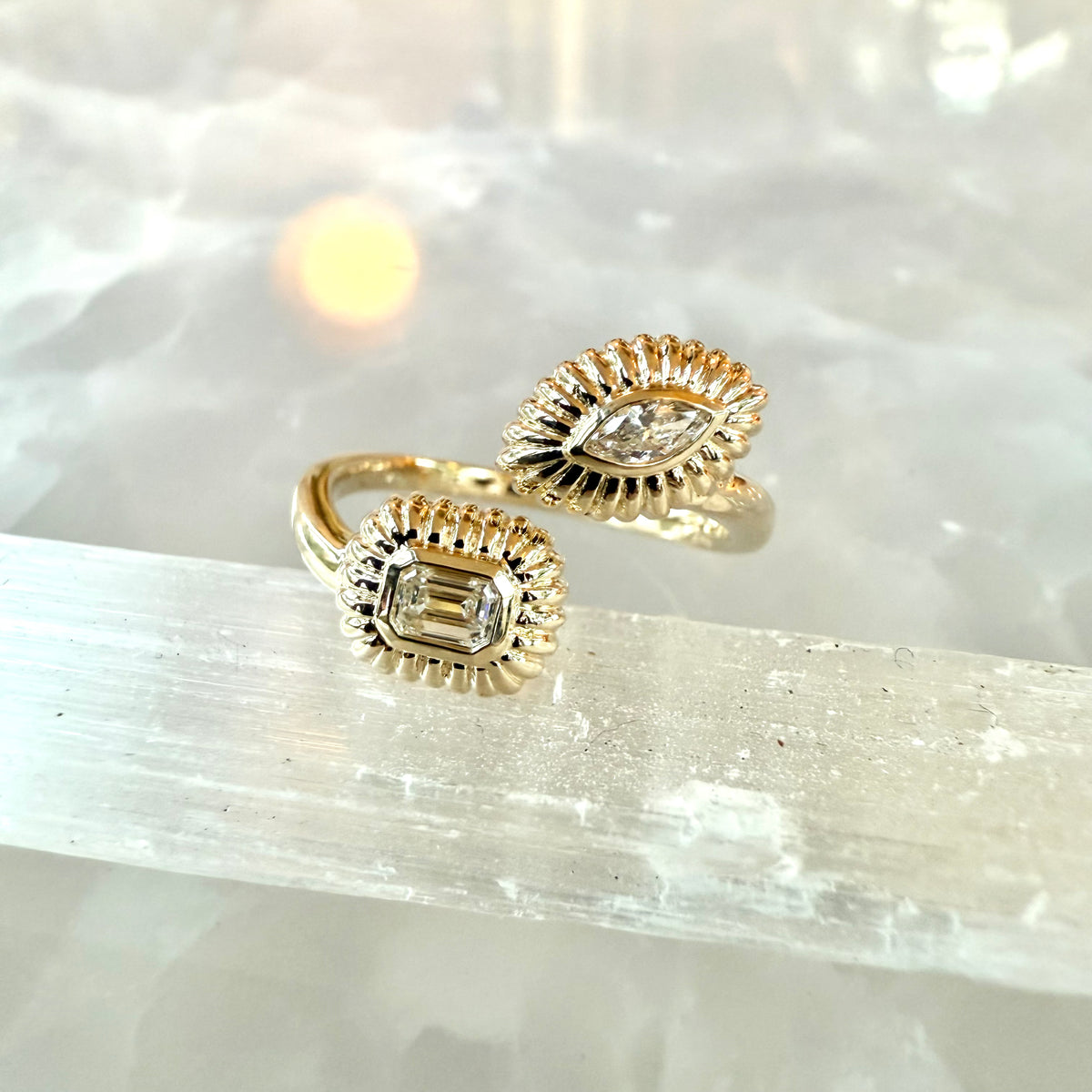 Iris, Fluted Emerald Cut & Marquise Diamond Ring