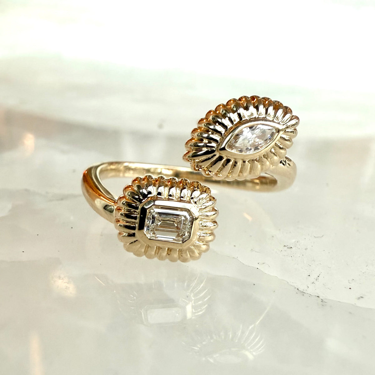 Iris, Fluted Emerald Cut & Marquise Diamond Ring