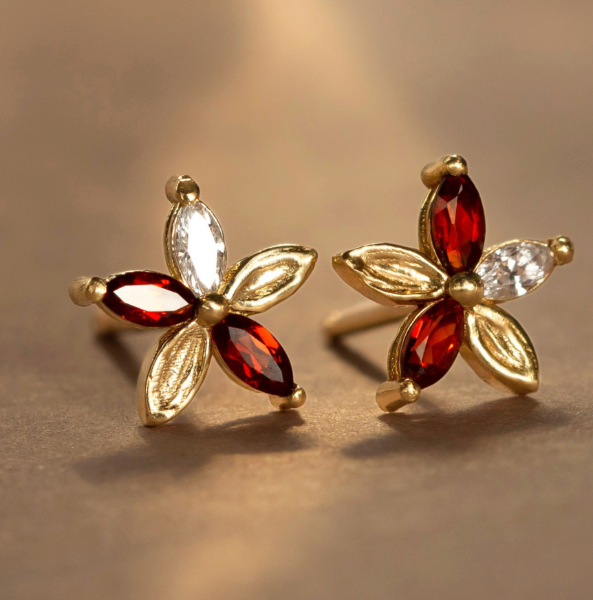 Poinsettia, Garnet & Diamond Earrings