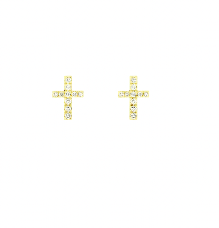 14k Solid Gold Diamond Cross Stud Ear Rings (.05CTW) | The Gold Gods