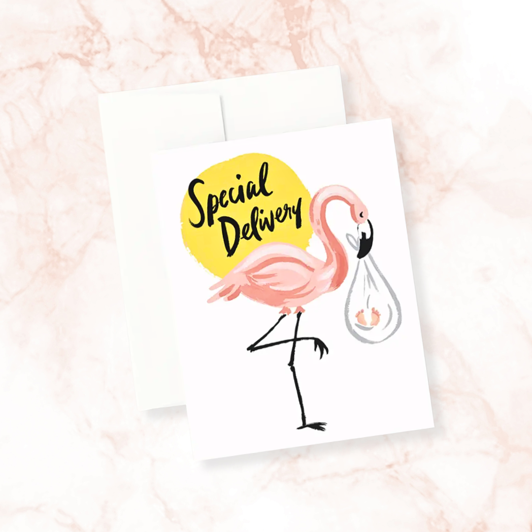 Special Delivery, New Baby Flamingo Stork Greeting Card