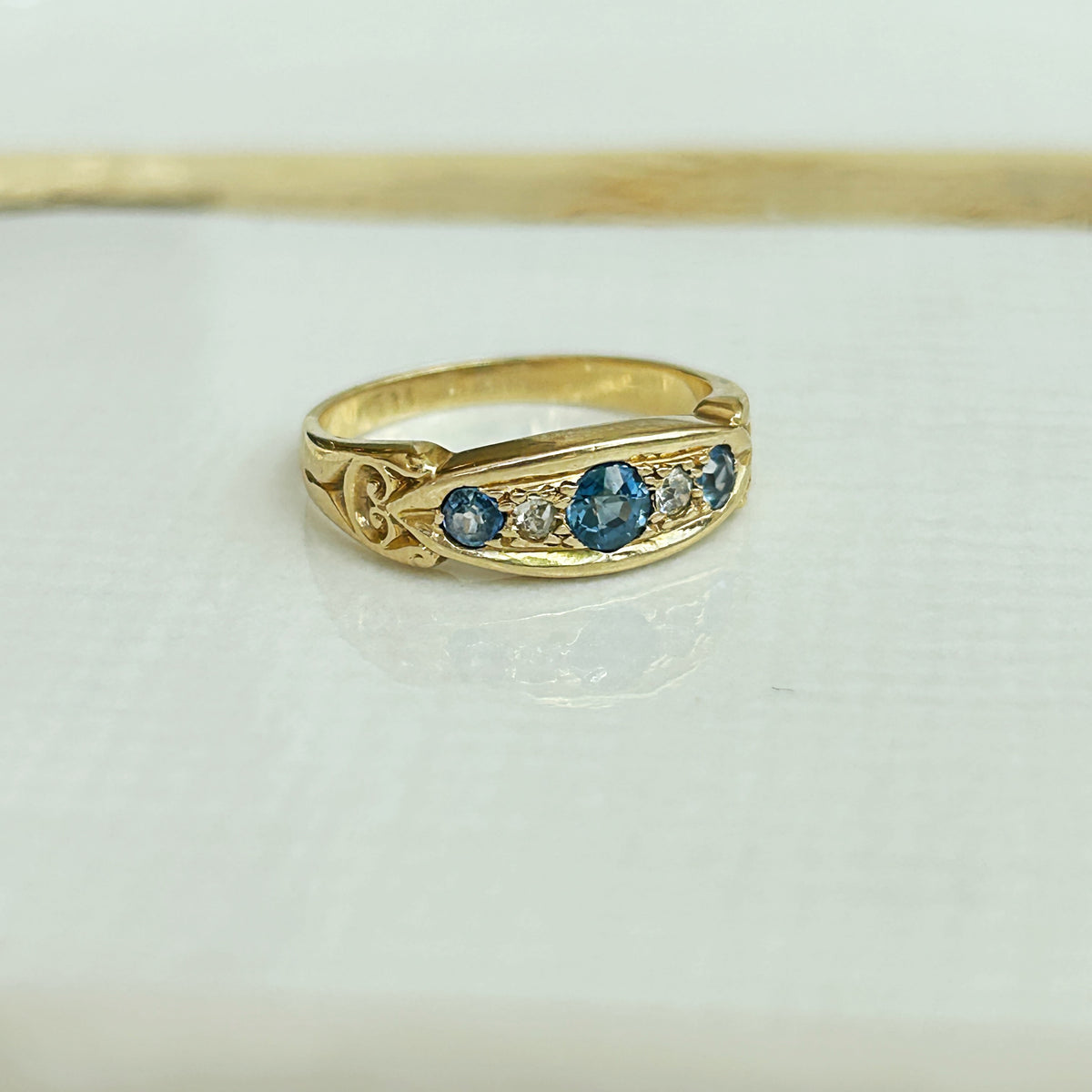 Early 1900s 18ct Gypsy Triple Sapphire &amp; Diamond Ring