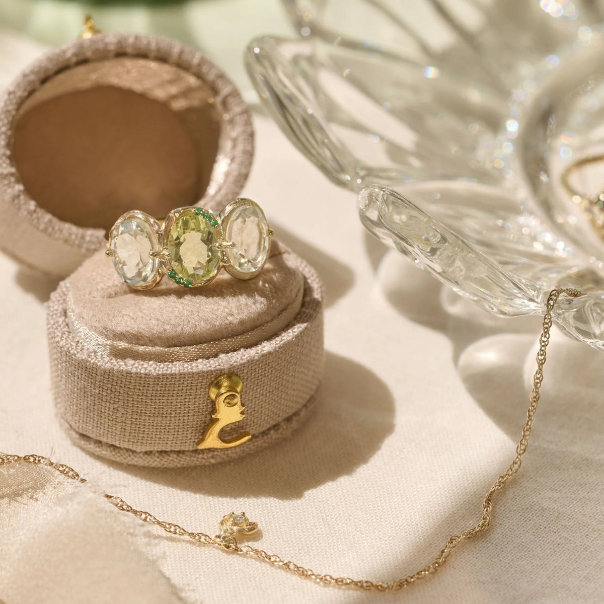 Jasmine Palette — Chrysoberyl, Green Amethyst & Emerald Ring