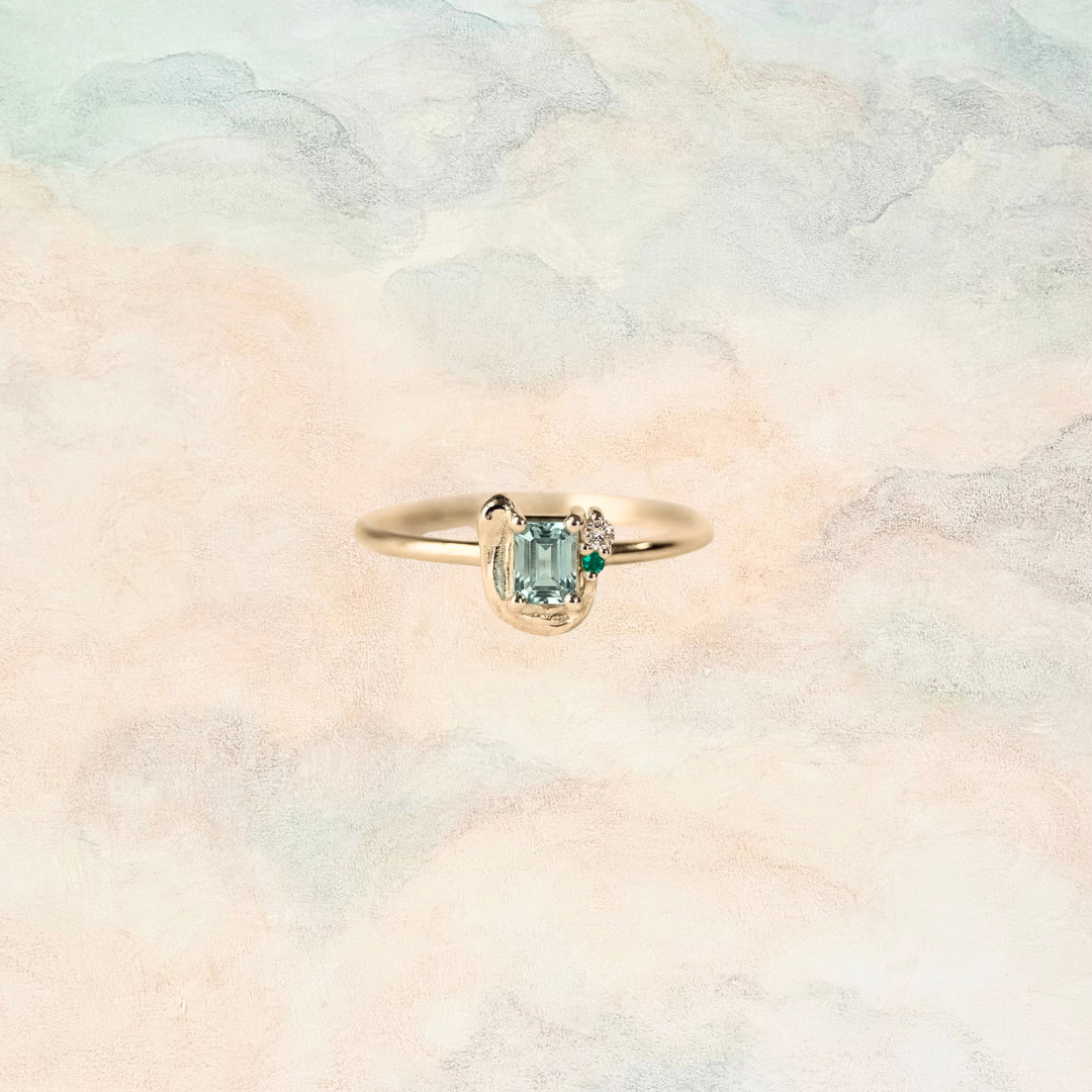 Celadon Frost, Sapphire, Diamond & Emerald Ring (size 7.5)