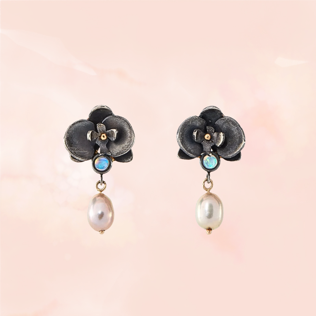 Gramercy, Black Orchid Pearl & Opal Earrings — Pair (FINAL SALE)