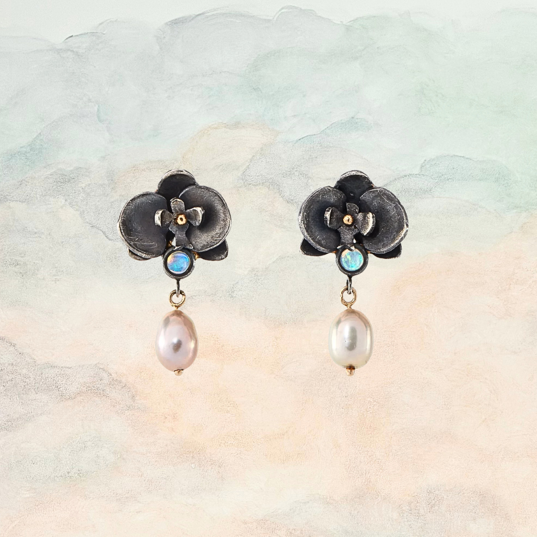 Gramercy, Black Orchid Pearl & Opal Earrings