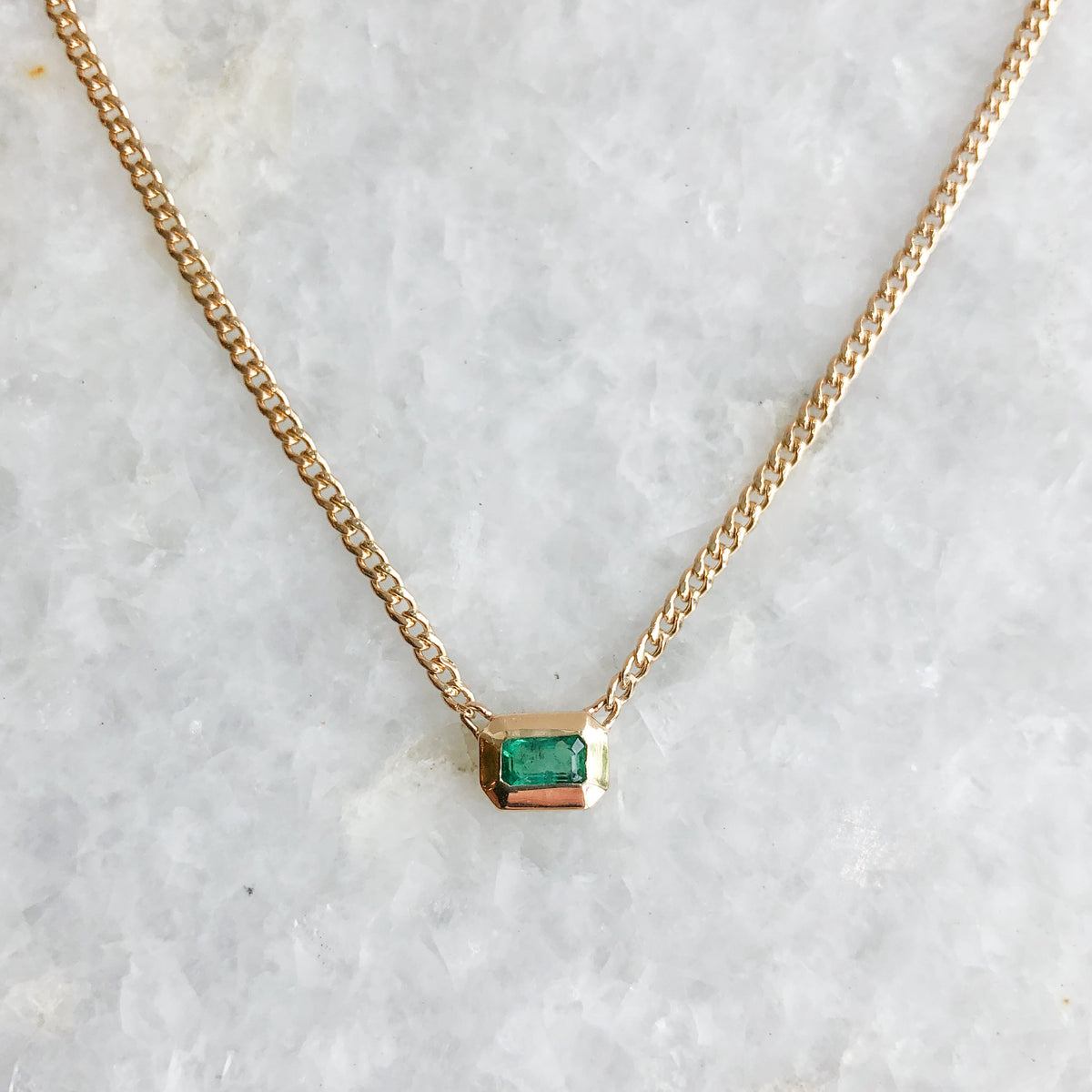Emerald on Extra Small Curb Chain Necklace